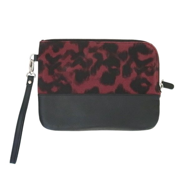 SANDRO animal print canvas & leather zip clutch bag w wristlet - Picture 1 of 5